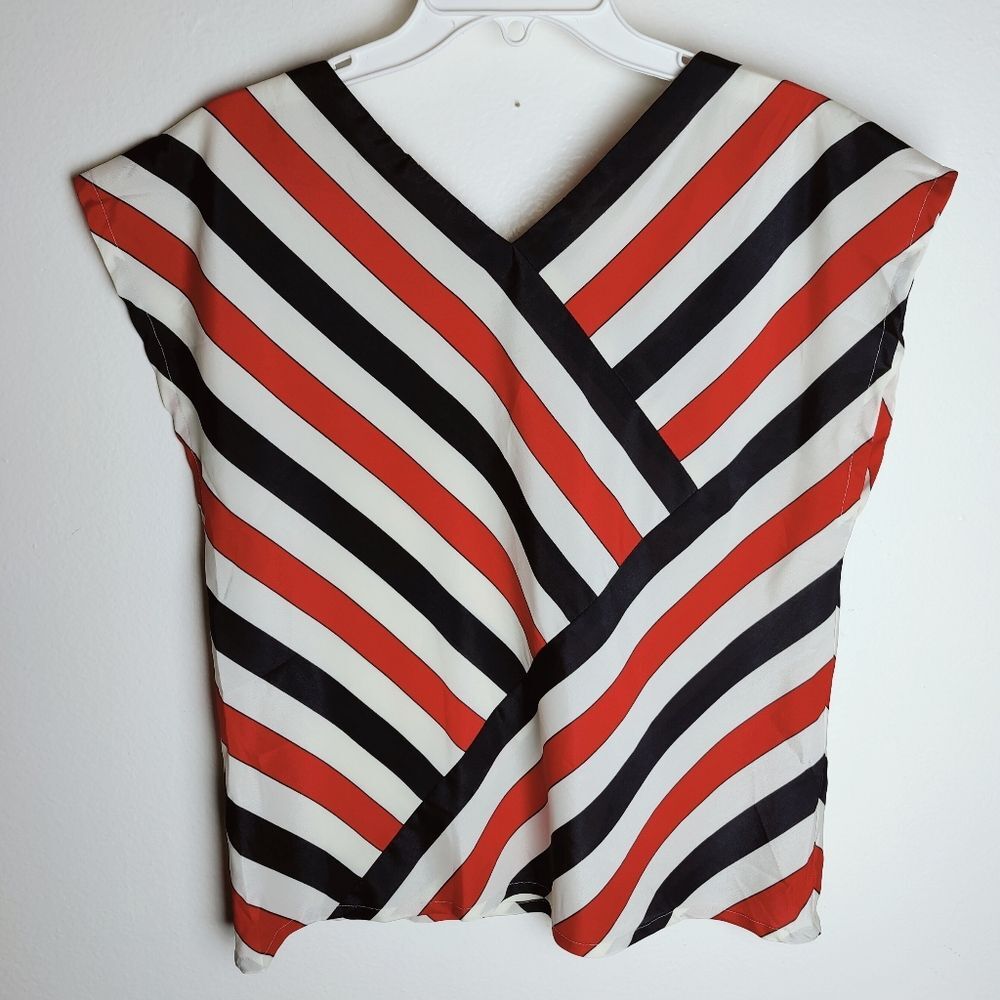 VTG 80s Robinson's Candy Striped Sleeveless V-Neck Blouse Shell Top, Sz 14